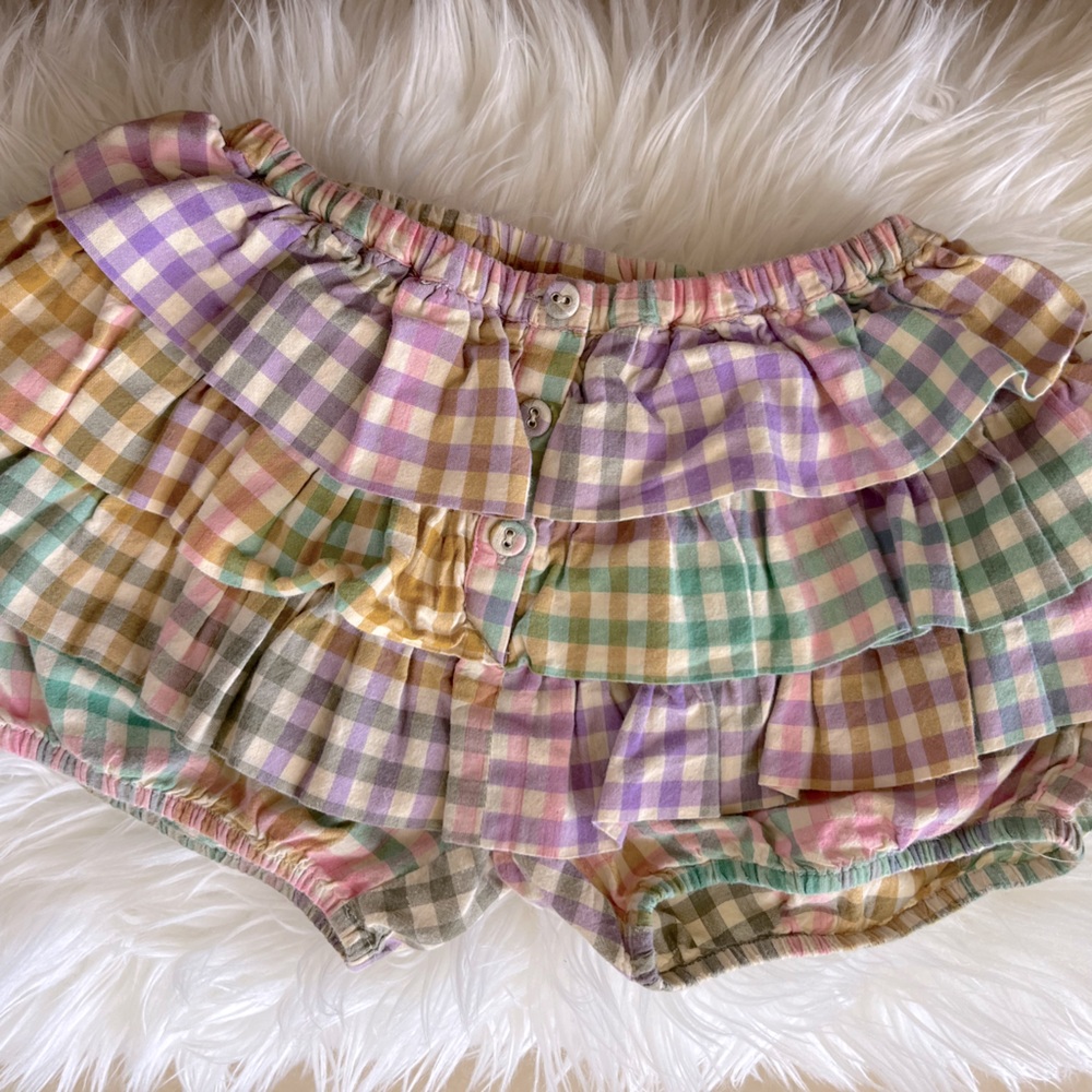 Crewcuts pastel multi colored gingham bloomer ruffle shorts, size 4/5